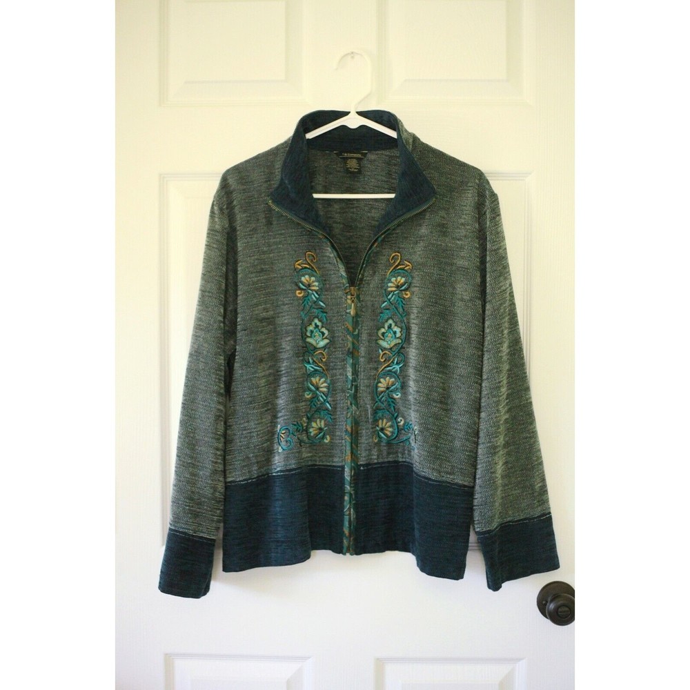 T & COMPANY Sz XL Womens Acrylic Embroidered Lounge Jacket Blazer Full Zip Blue - Picture 6 of 7